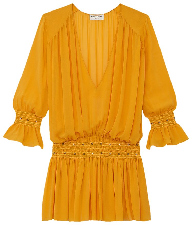 Saint Laurent Studded Georgette Dress Yellow