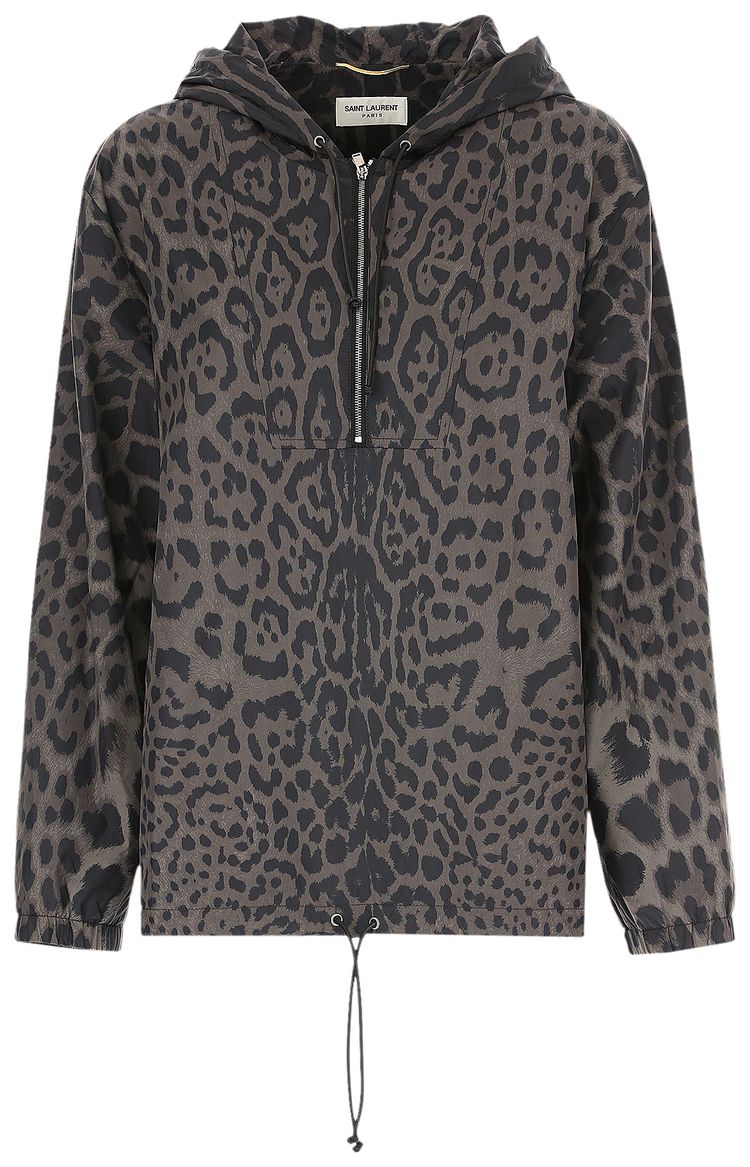 Saint Laurent Leopard Print Hooded Bomber Grey