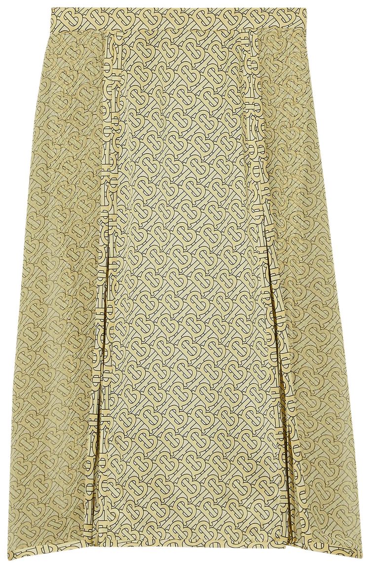 Burberry Monogram Print Silk Pleated Skirt Pale Yellow