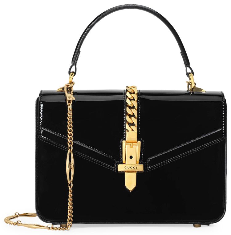 Gucci Sylvie 1969 Patent Leather Mini Top Handle Bag Black