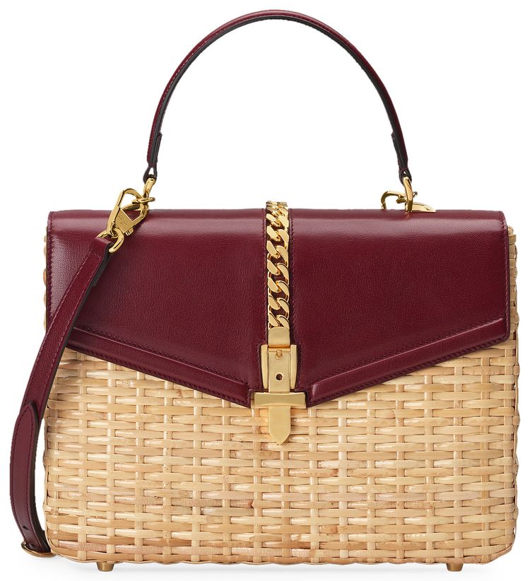 Gucci Sylvie Wicker Small Top Handle Bag BeigeBurgundy