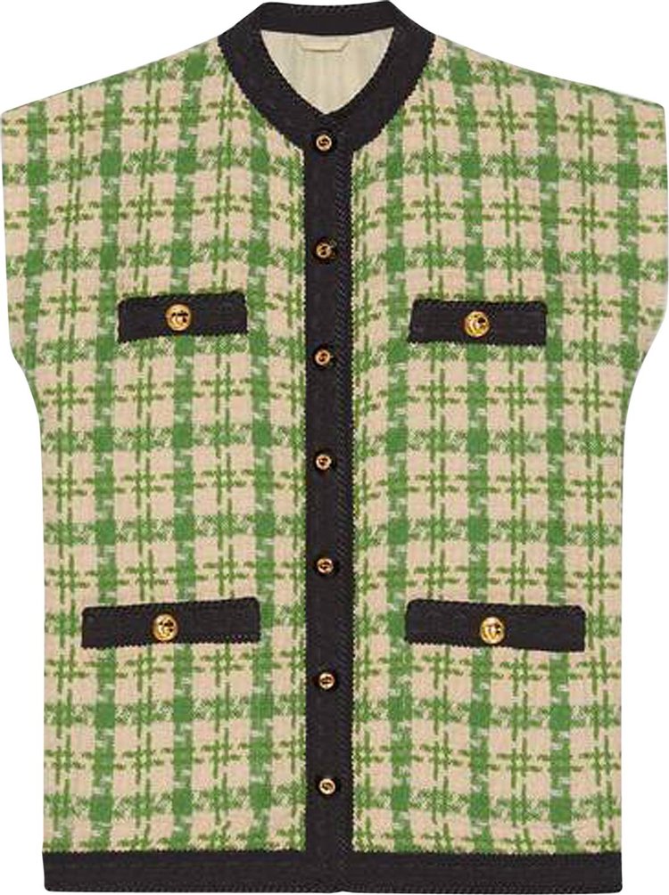 Gucci Houndstooth Sleeveless Vest With Ribbon Trim 'Green/Natural'