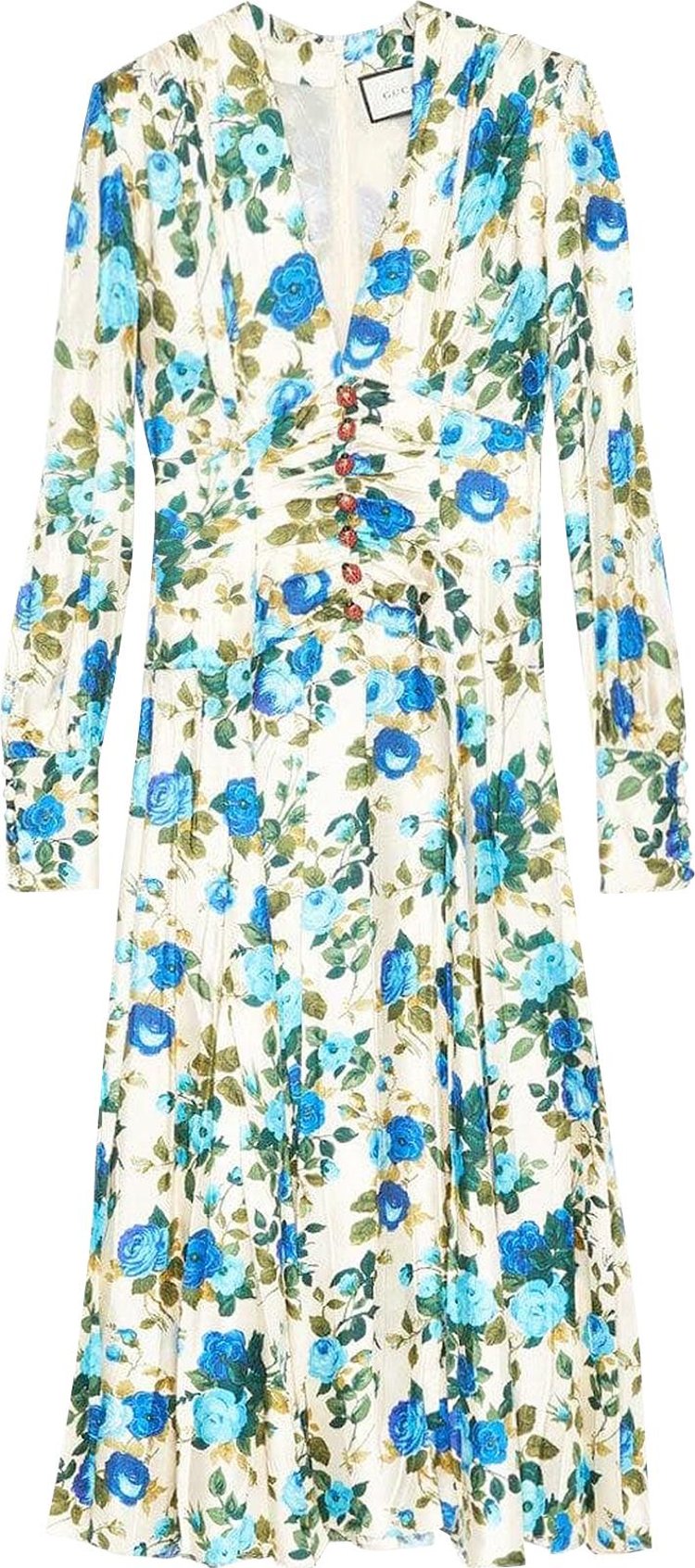 Gucci Floral Print Silk Twill Midi Dress 'Blue/Ivory'