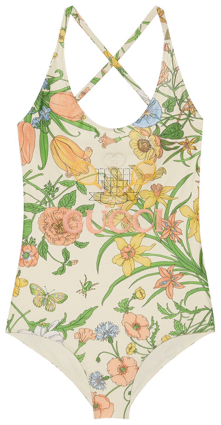 Gucci Stretch Fabric Swimsuit With Flora Print White Sparkling