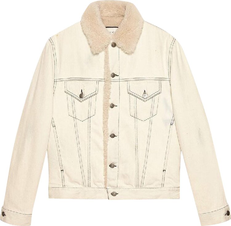 Gucci Shearling Lined Denim Jacket With Sketch Snake Print 'Bleach'