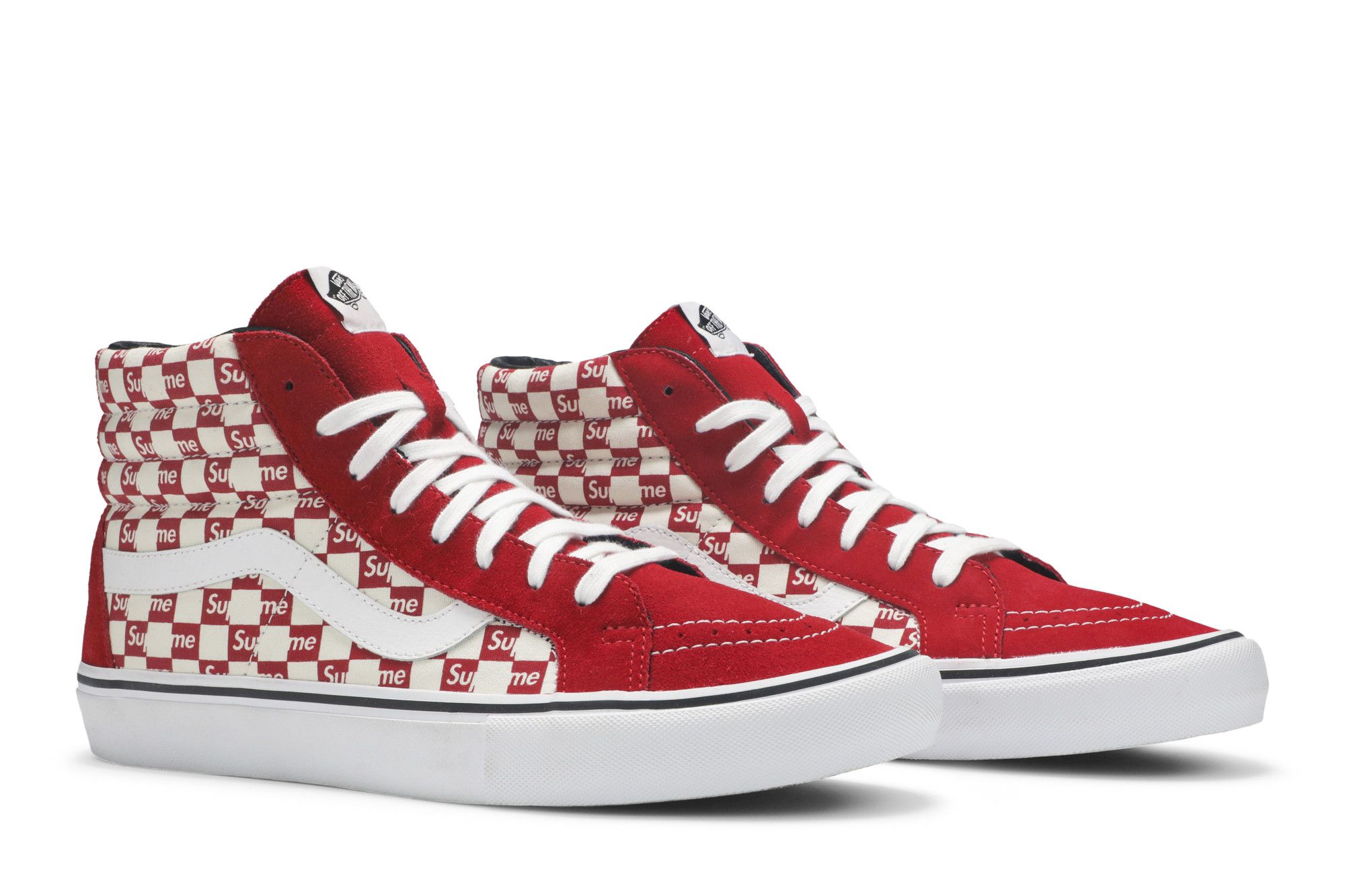 Red and white checkerboard vans high top best sale