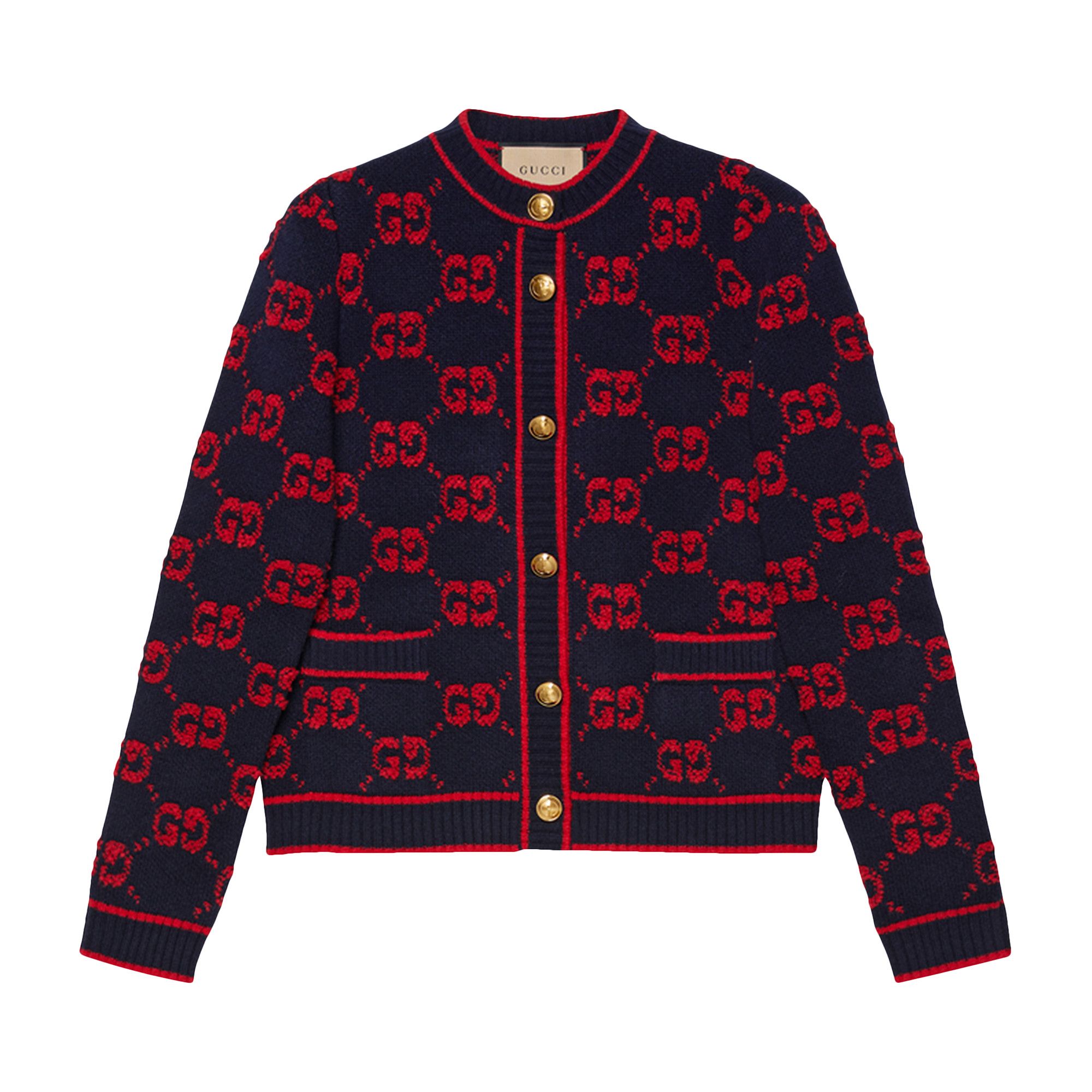 Buy Gucci GG Wool Bouclé Jacquard Cardigan 'Blue/Red' - 713300