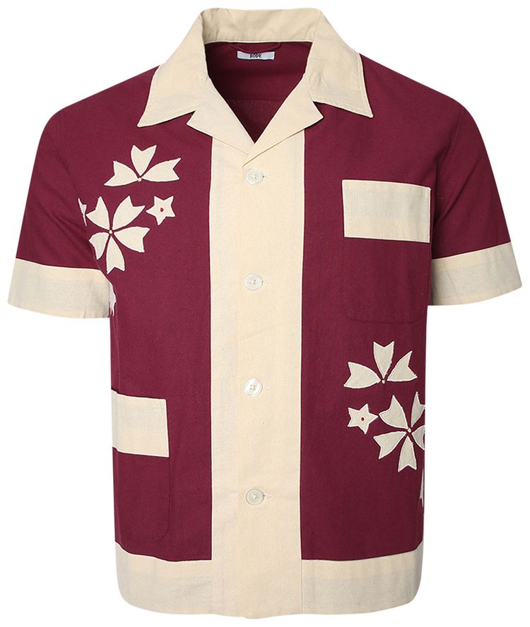 Bode Moonflower Applique Short Sleeve Shirt MaroonCream