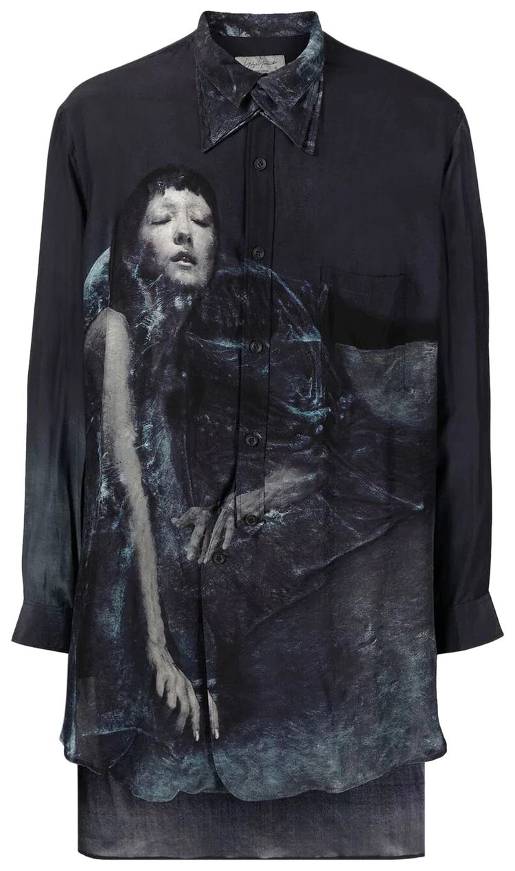 Yohji Yamamoto Pour Homme Triple Collar Printed Shirt Navy