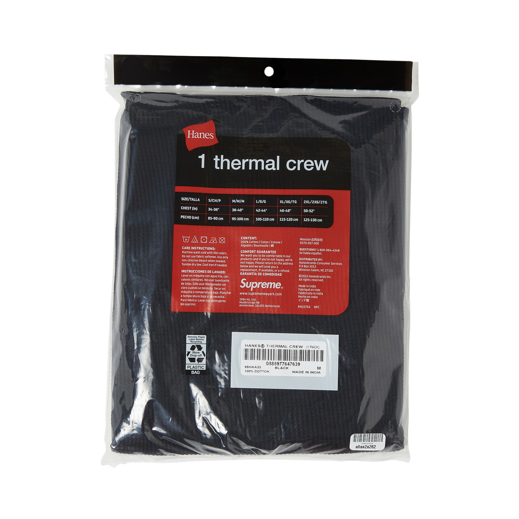 新品 Supreme Hanes Thermal Crew L Black Supreme® Hanes Thermal Crew 1-Pack L/S Top Black FW24 Men's