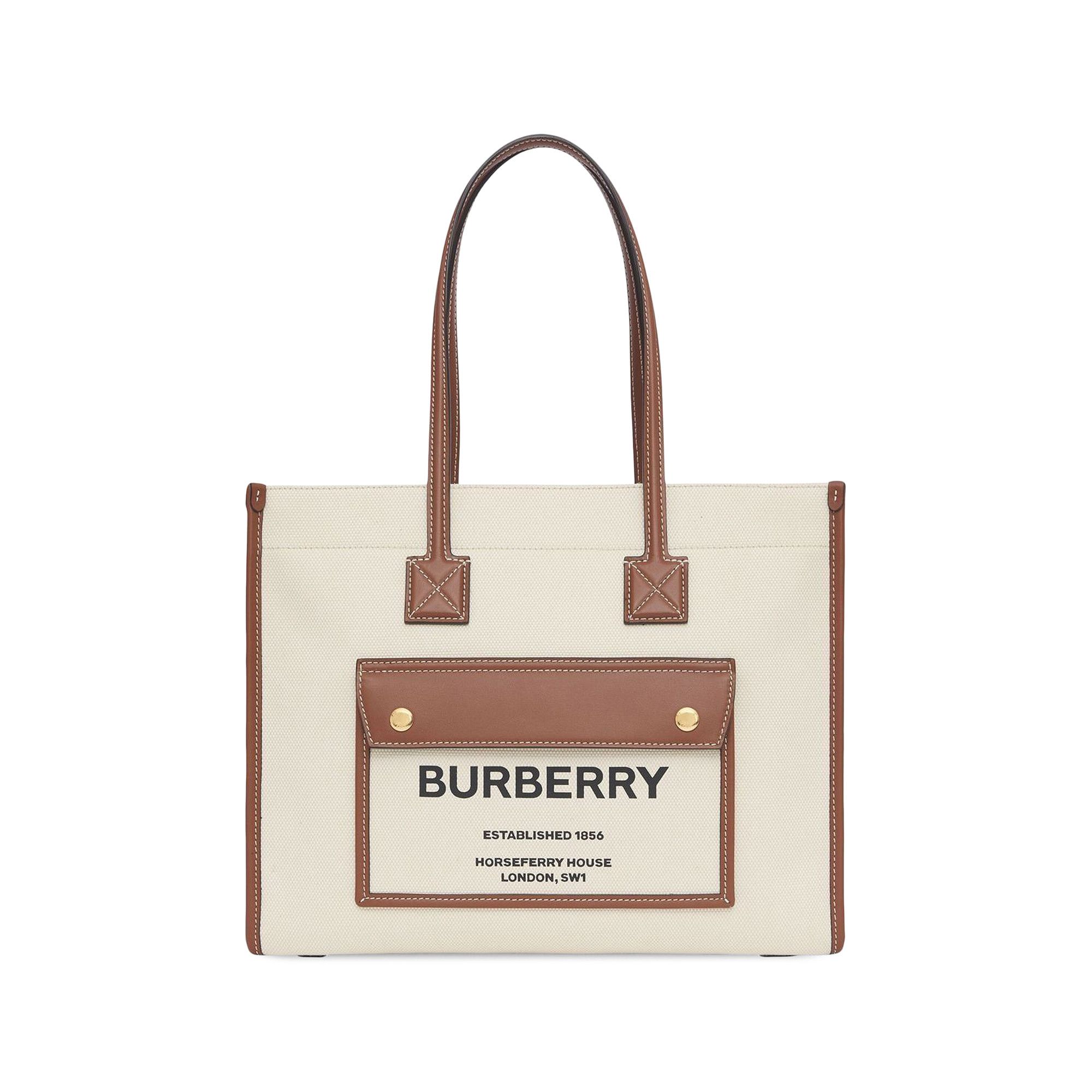 【BURBERRY】★関税込★Two-tone Canvas and Leather Freya Tote Buy Burberry Two Tone Canvas And Leather Small Freya Tote