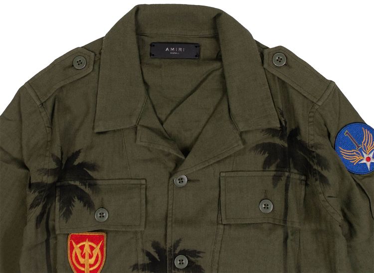 Amiri Palm Print Military Button Down Shirt Olive Green