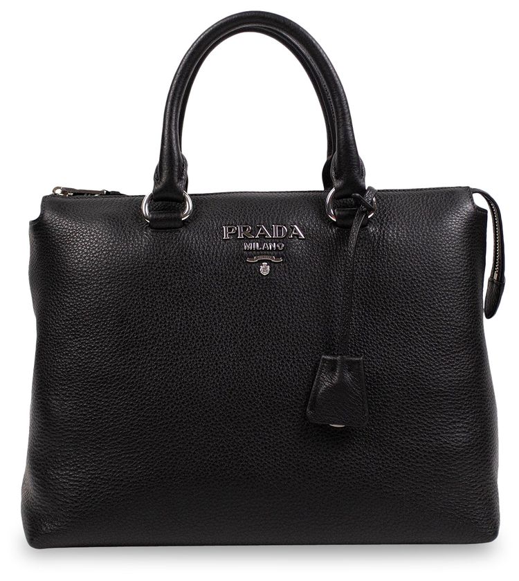 Prada Calf Leather Dual Top Handle Medium Handbag Tote Black