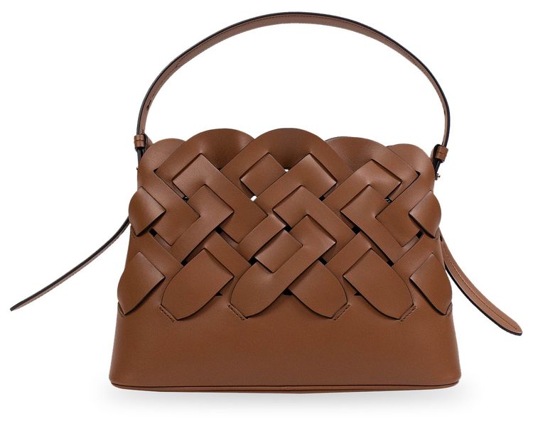 Prada Calf Leather Large Woven Motif Handbag Brown