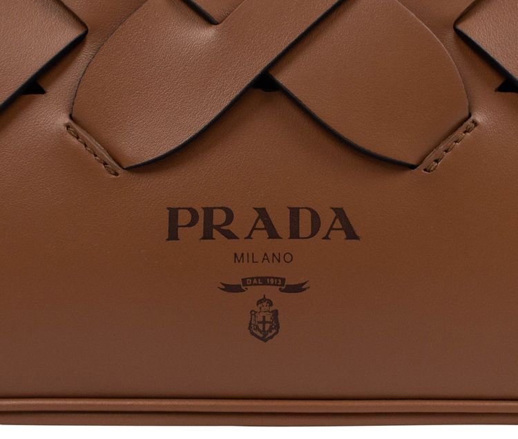 Prada Calf Leather Large Woven Motif Handbag Brown