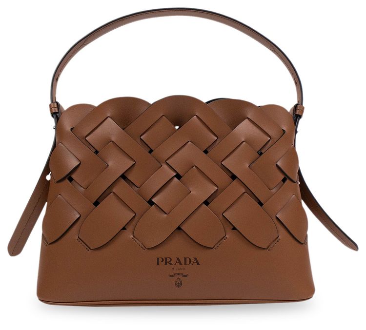 Prada Calf Leather Large Woven Motif Handbag Brown