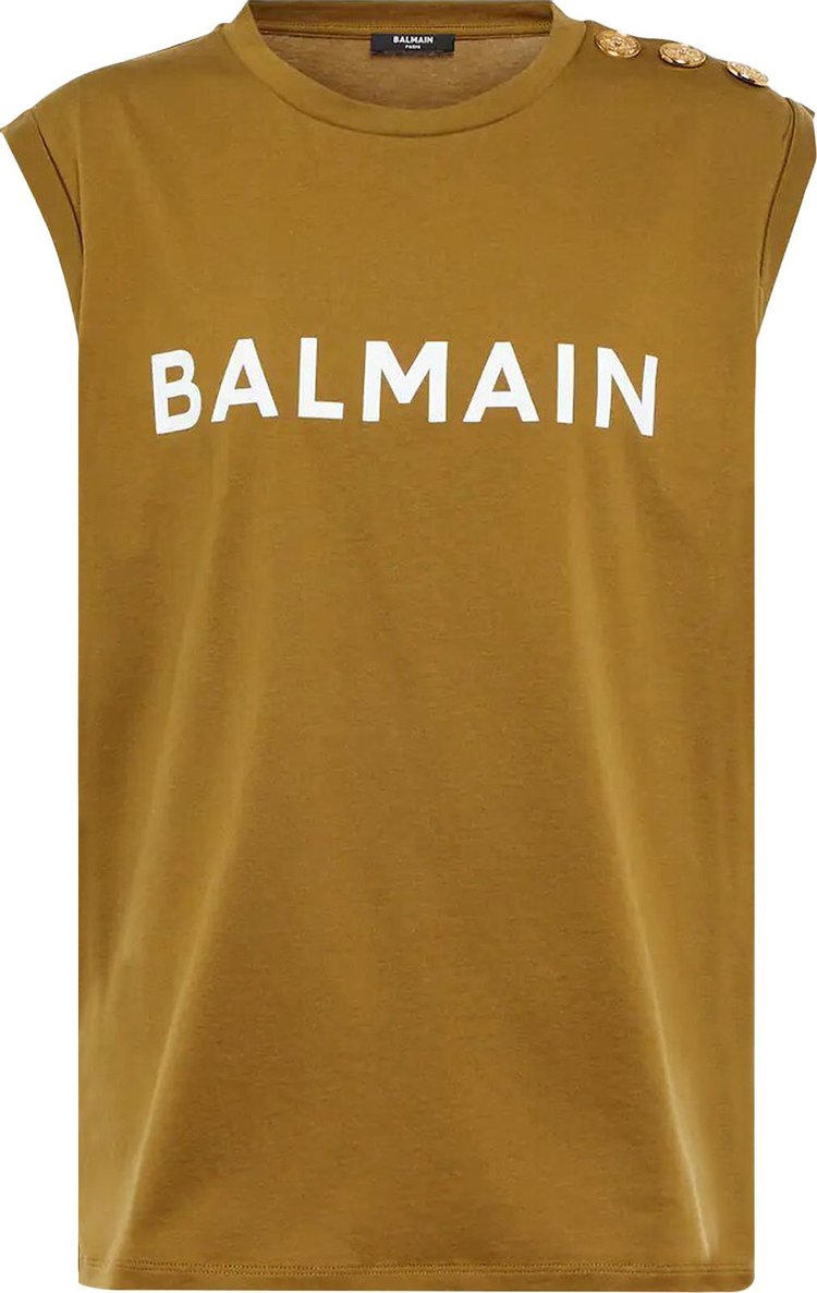 Balmain Logo Printed Sleeveless Top KhakiOff White