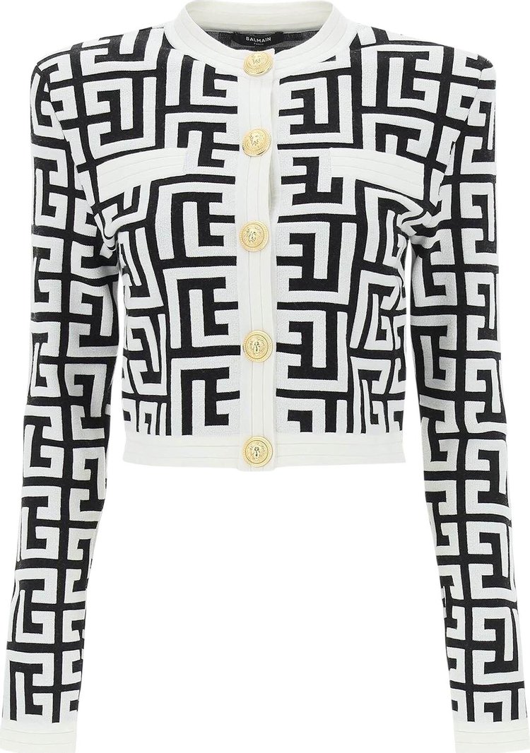 Balmain Monogram Knit Cropped Cardigan 'Black/White'