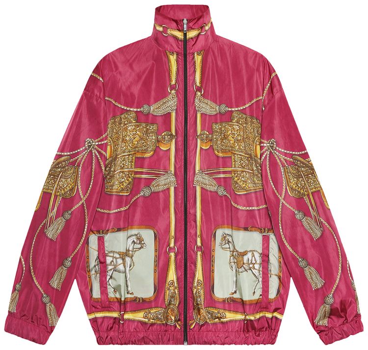 Gucci Horses and Tassels Print Oversize Nylon Bomber Jacket Magenta
