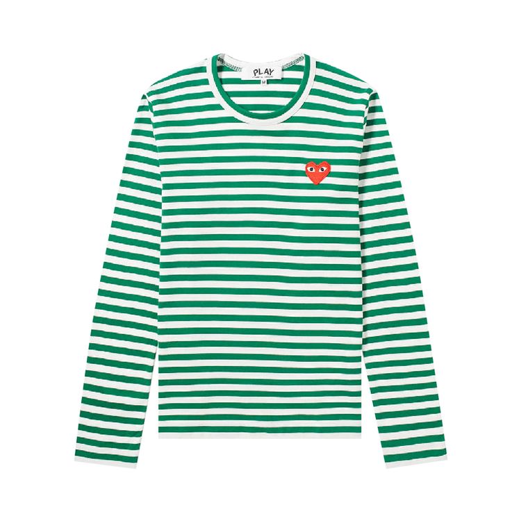 Comme des Garcons PLAY Heart Logo Striped Long Sleeve T Shirt GreenWhite