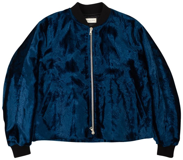 Dries Van Noten Velvet Zip Up Bomber Jacket Blue