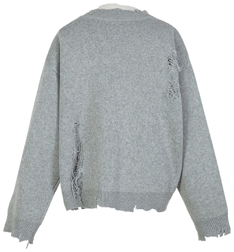 C2H4 Distressed Knit Layered Sweater Grey
