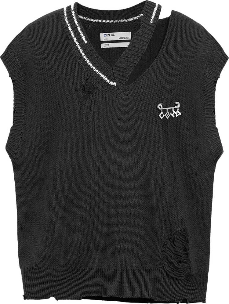 C2H4 Distressed V Neck Sleeveless Knit Vest 'Black'