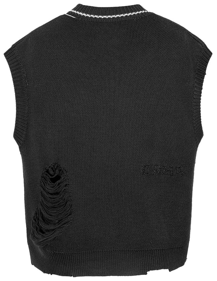 C2H4 Distressed V Neck Sleeveless Knit Vest Black