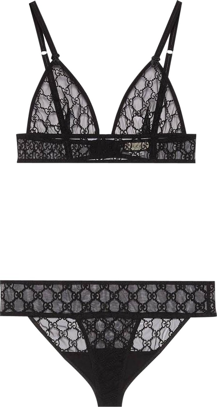 Gucci Gg Embroidered Tulle Bra & Briefs Set in Black