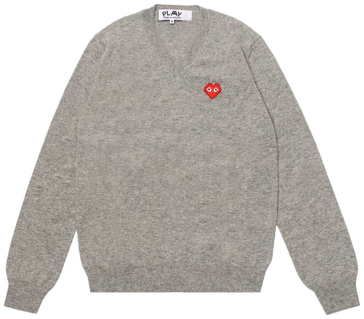 Comme des Garcons PLAY Heart V Neck Pullover Light Grey