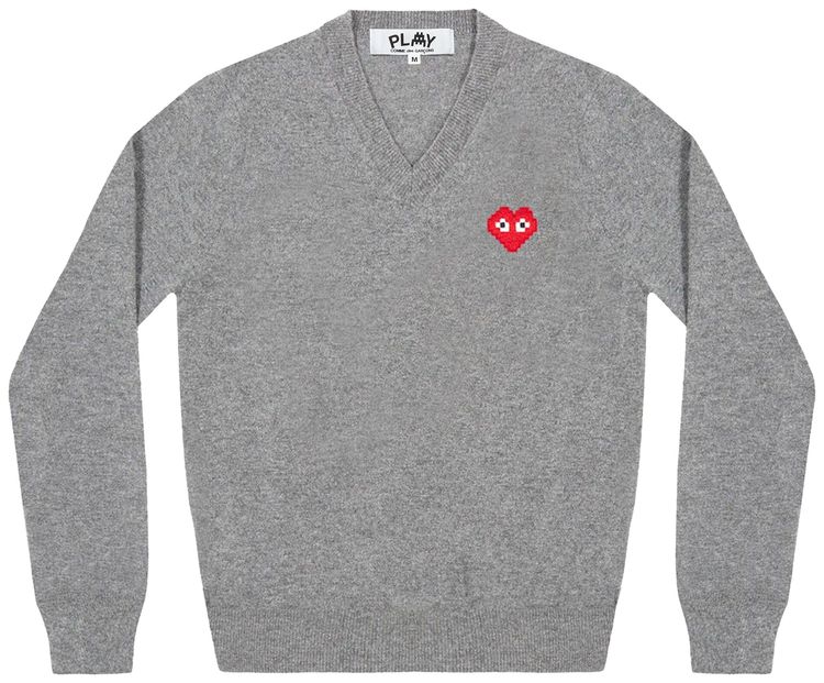 Comme des Garcons PLAY Heart V Neck Pullover Light Grey