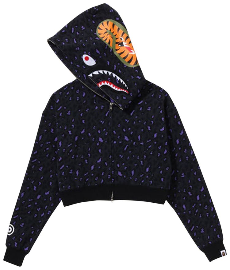 BAPE Leopard Cropped Shark Full Zip Hoodie Black