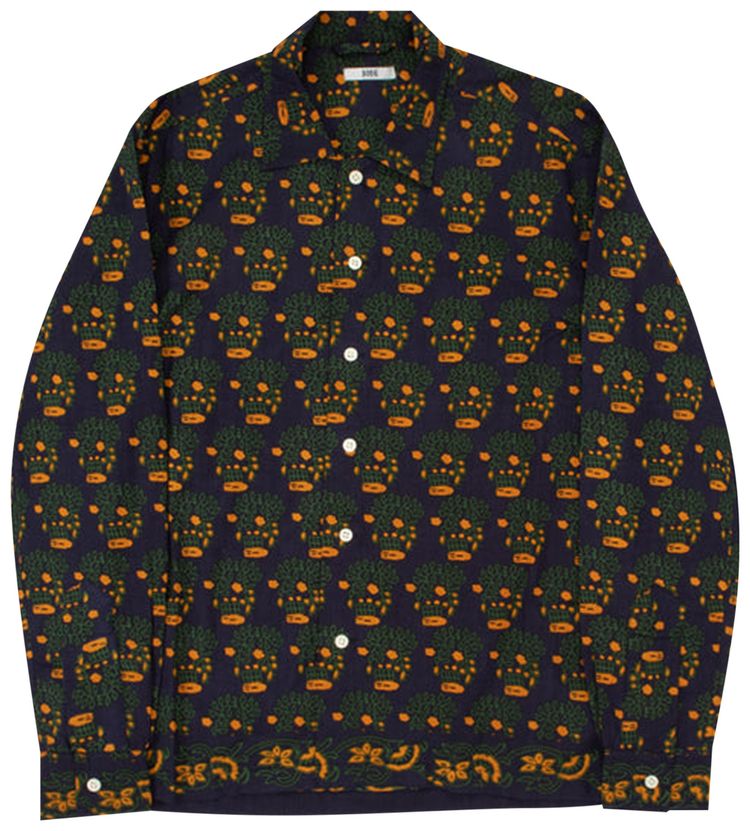 Bode Trellis Block Print Long Sleeve Shirt NavyYellow