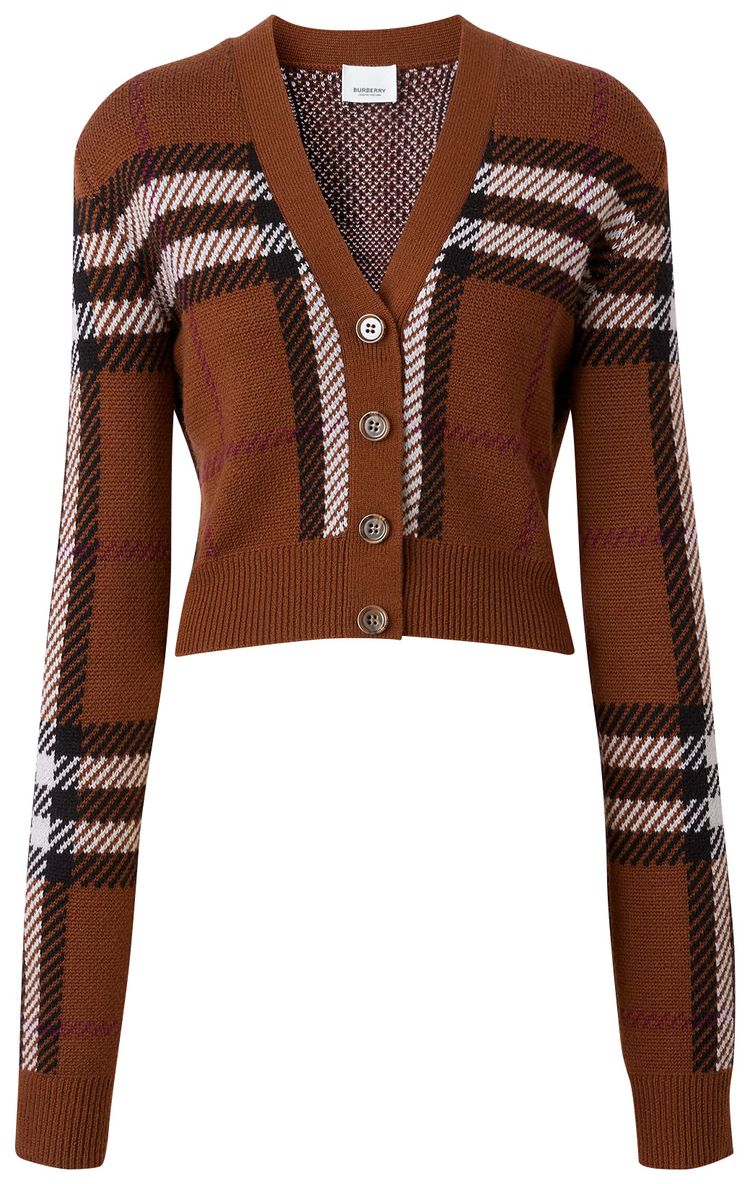 Burberry Jacquard Check Cropped Cardigan Dark Birch Brown