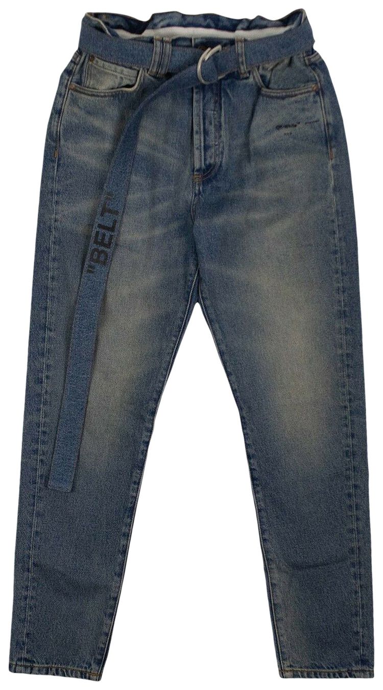 Off White Denim Bleached Belted Jeans Blue