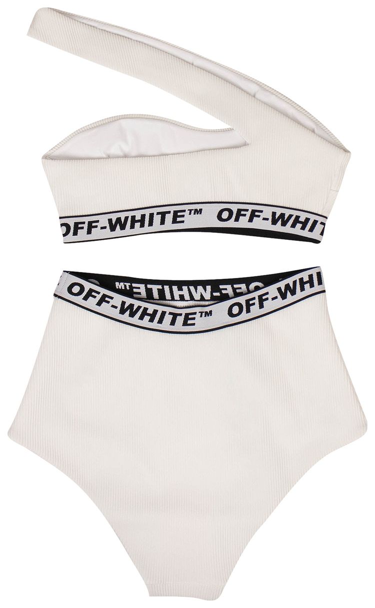 Off White One Shoulder Logo Bikini White