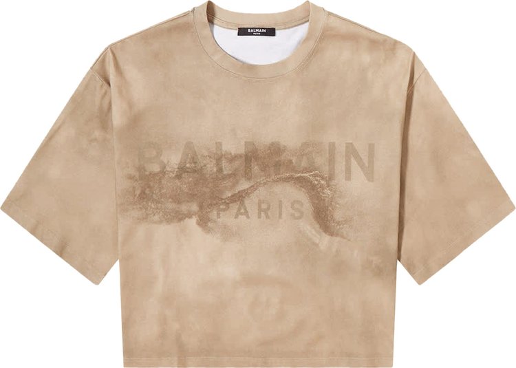 Balmain Eco Responsible Cropped Cotton T-Shirt With Logo Print 'Molt/Sand'