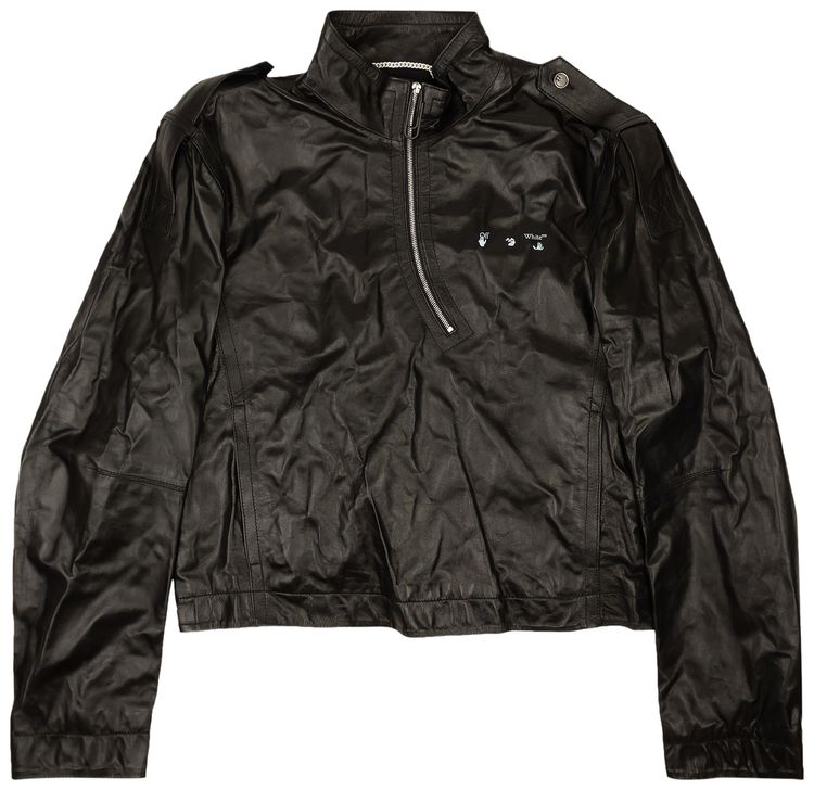 Off White Logo Leather Windbreaker Black
