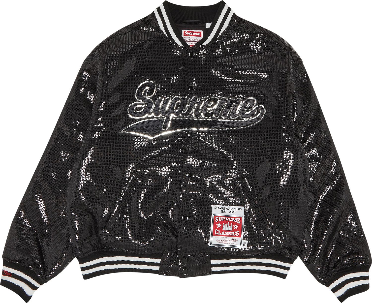 Buy Supreme x Mitchell & Ness Sequin Varsity Jacket 'Black' - SS23J33 ...
