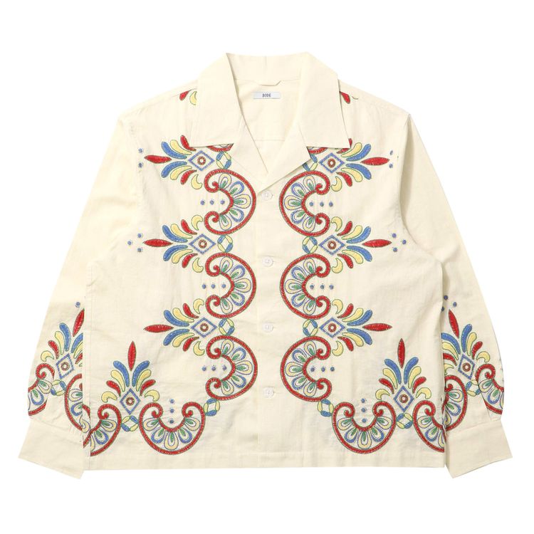 Bode Embroidered Carnival Long Sleeve Shirt EcruMulticolor