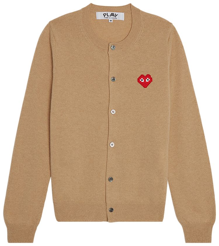 Comme des Garcons PLAY x Invader Pixelated Heart Cardigan Camel