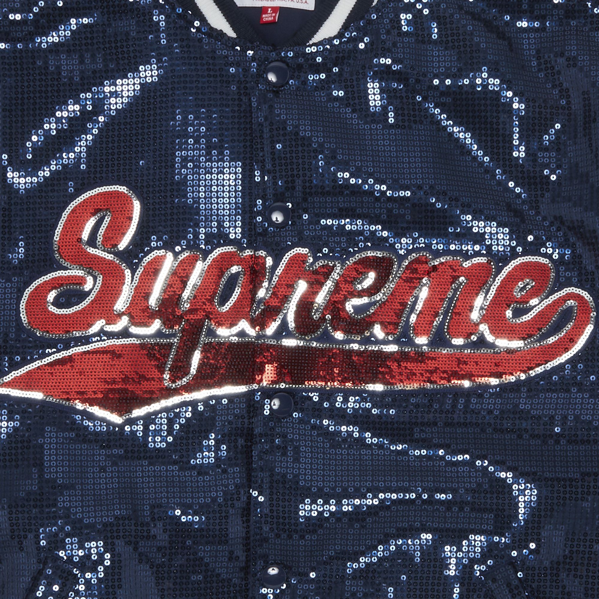 Buy Supreme x Mitchell & Ness Sequin Varsity Jacket 'Navy