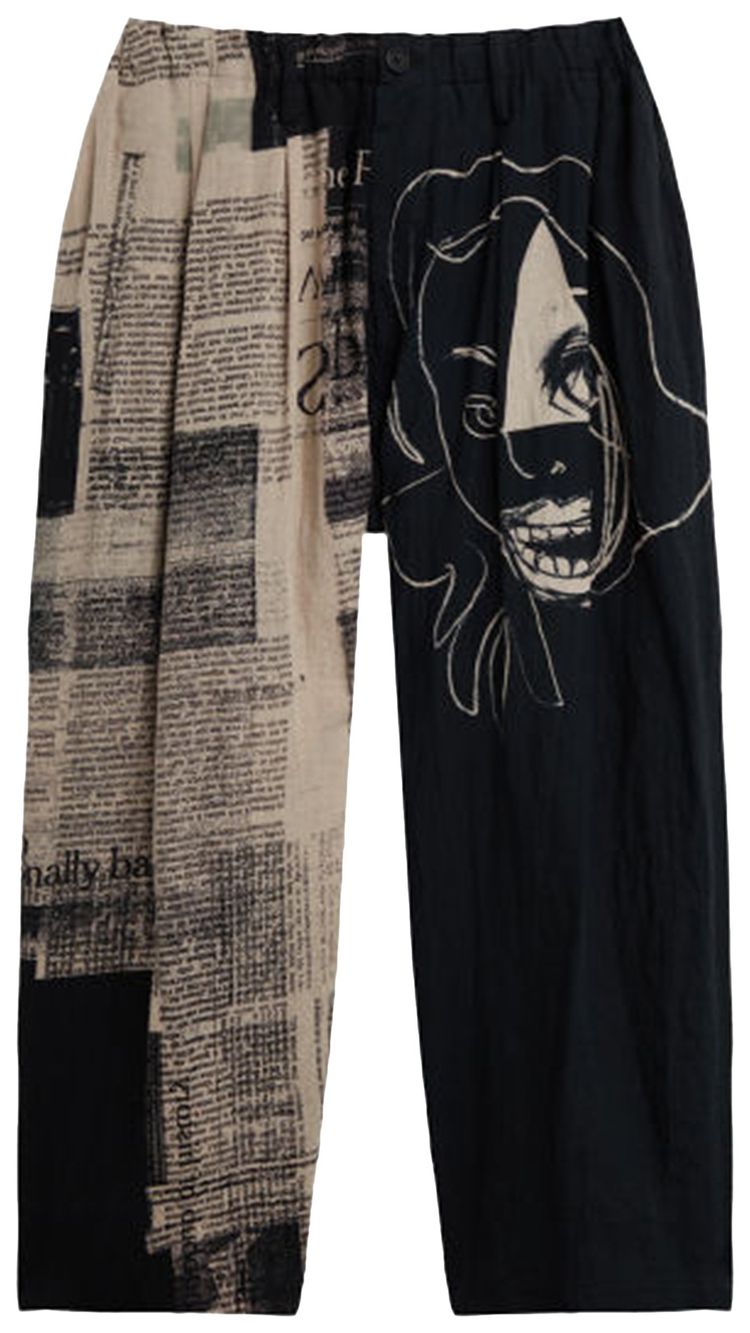 Yohji Yamamoto Pour Homme Newspaper Asakura Print Two Tone Pants BlackWhite