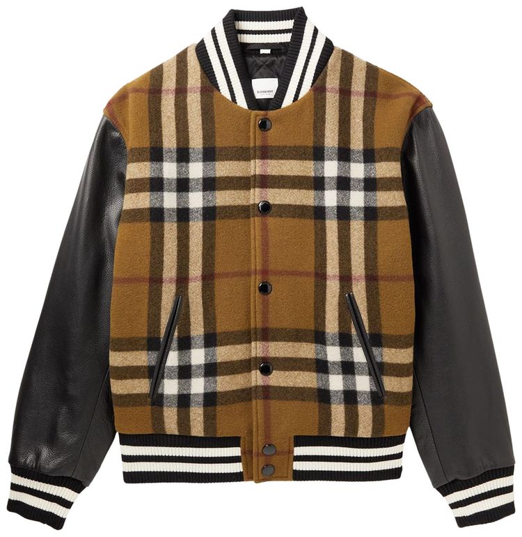 Burberry Check Leather Bomber Jacket Birch Brown