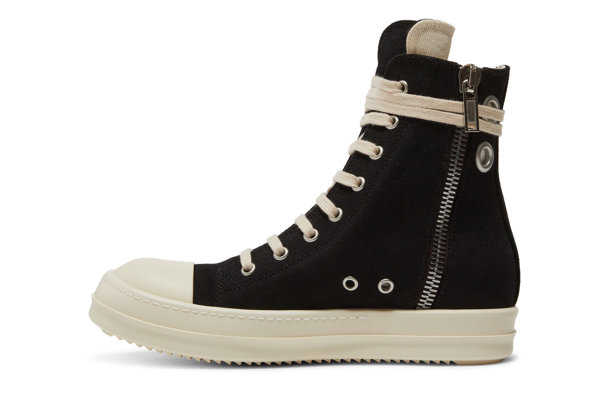 スニーカー RICK OWENS DRKSHDW Denim High Sneaks in Black/Milk DRKSHDW by Rick Owens Denim High Top Sneaks with Eyelets in