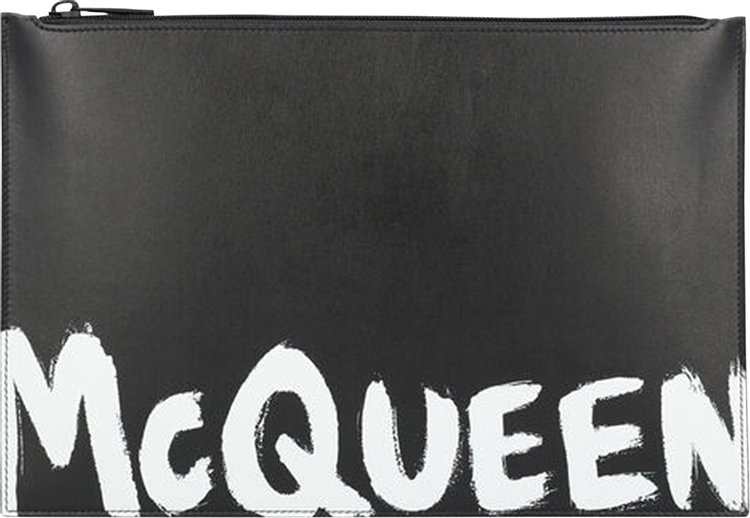 Alexander McQueen Graffiti Print Leather Flat Zip Pouch 'Black/White'