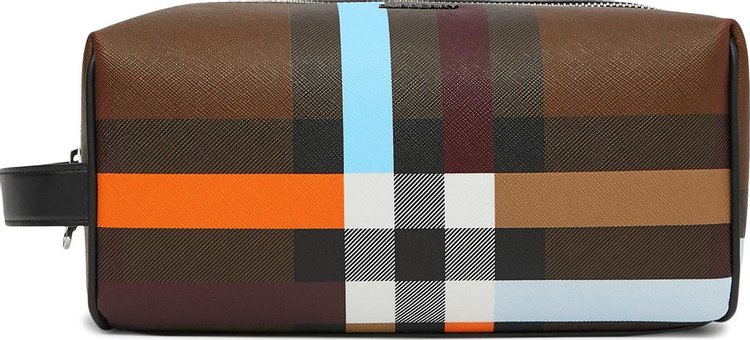 Check and Leather Zip Pouch in Dark Birch Brown - Men
