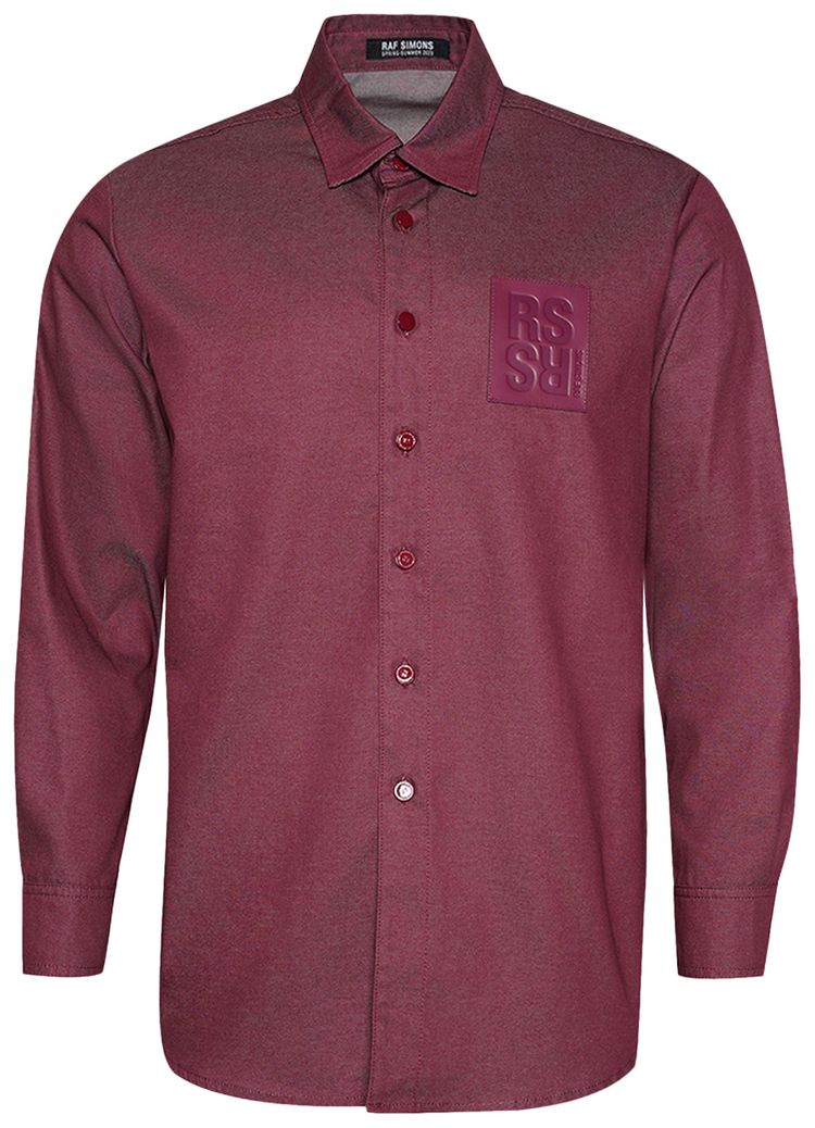 Raf Simons Straight Fit Denim Shirt With Leather Patch Burgundy