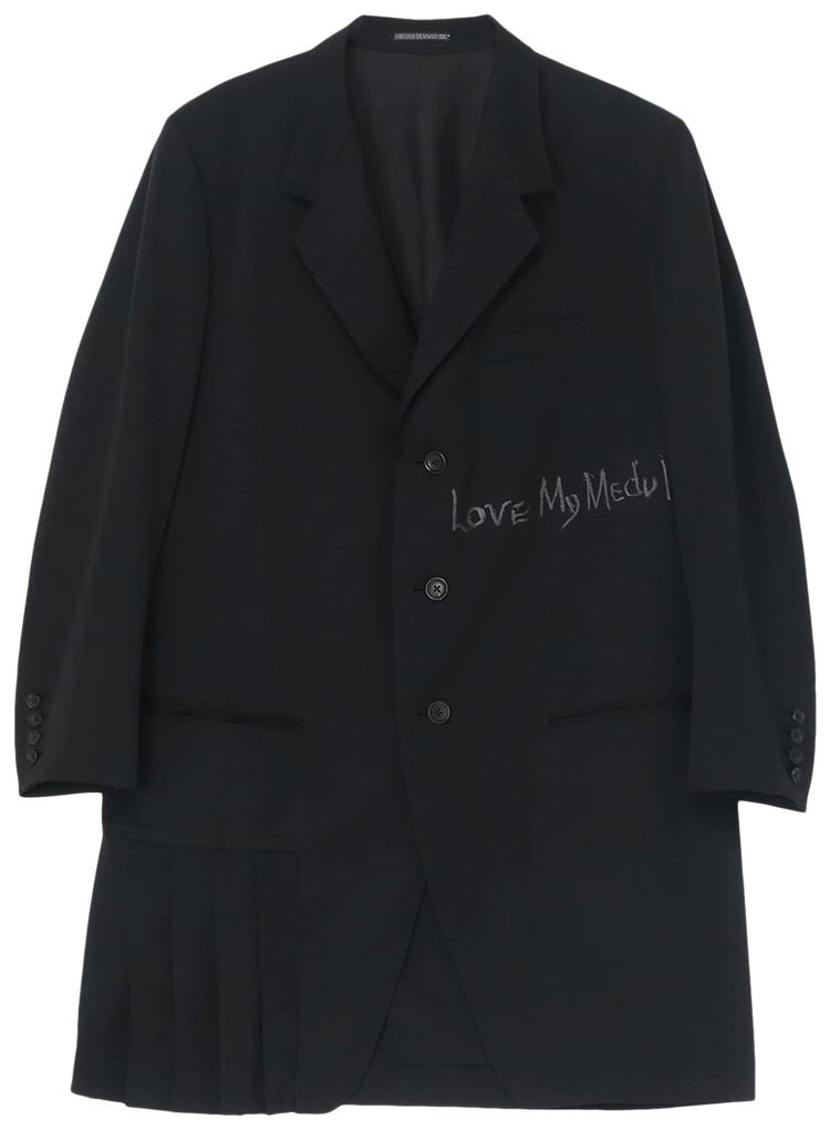 Yohji Yamamoto Pleated Hem Detail Gabardine Printed Jacket Black