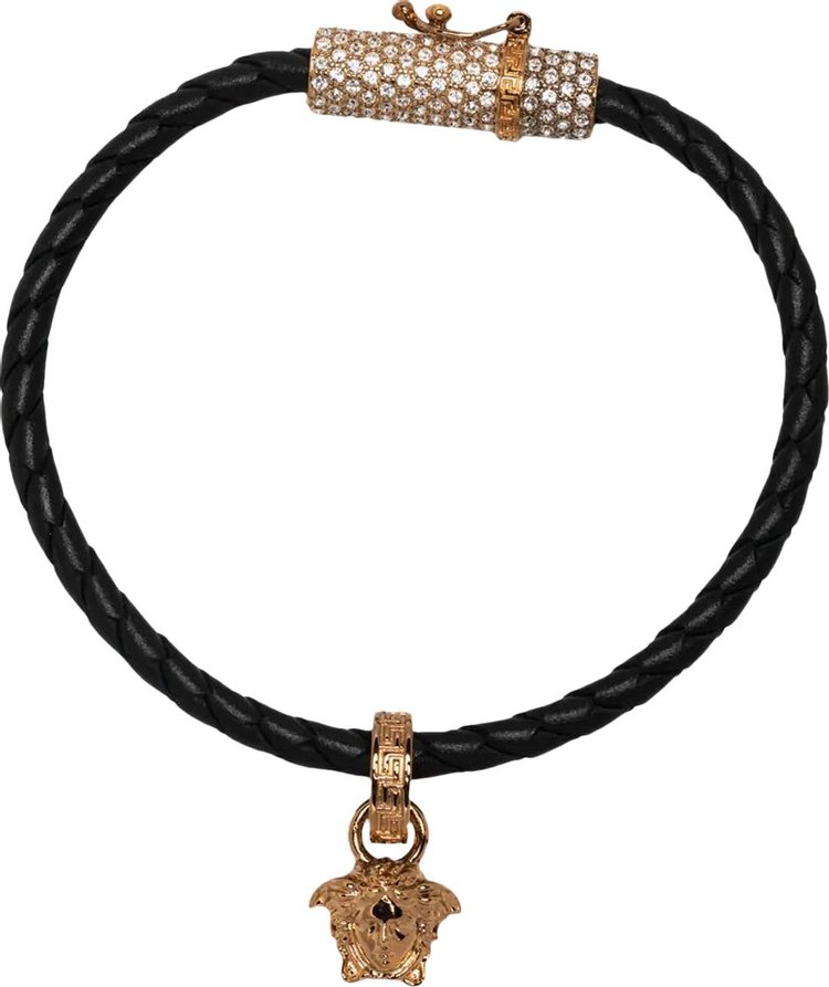 Versace Braided Leather Bracelet 'Black/Crystal/Oro'